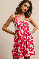 Floral Prints Tuck Detail Short Overall With Pockets BiBi FUCHSIA S